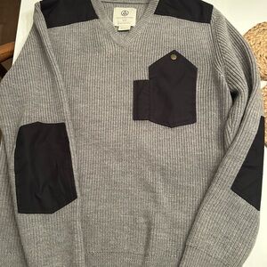 Gray V-Neck Sweater with Black Accents